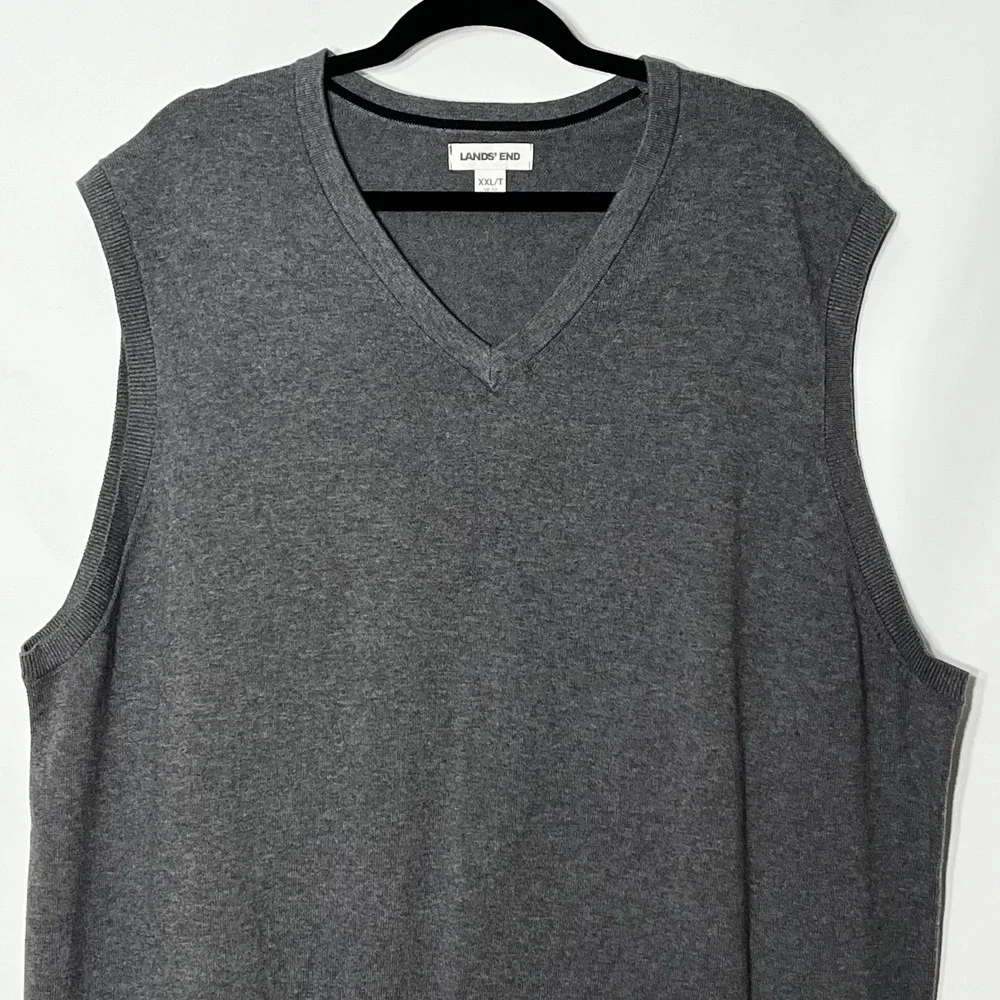 Lands End Mens XXL Tall Gray V-Neck Sweater Vest 100% Cotton 539762 Charcoal